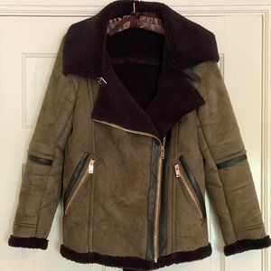 New Look Olive Green Moto Faux Shearling Coat